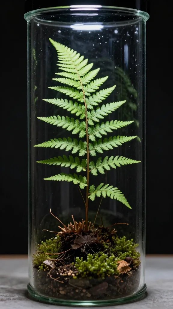 single drooping fern stem inside glass jar terrarium