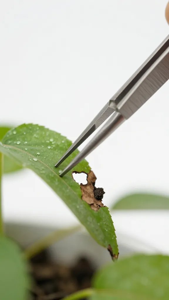 closeup tweezers removing rotten leaf from terrarium