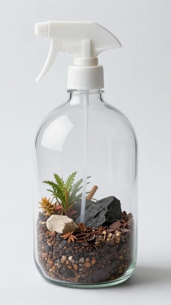 single spray bottle misting open terrarium substrate