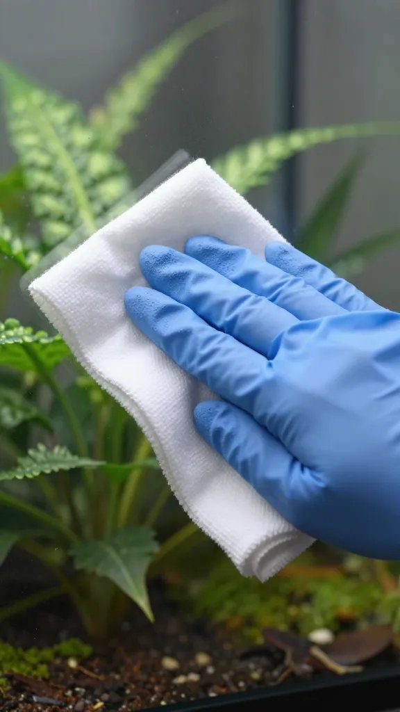 closeup gloved hand wiping terrarium interior with alcohol cloth