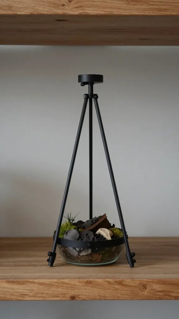 tripod-mounted terrarium at center height on wooden shelf