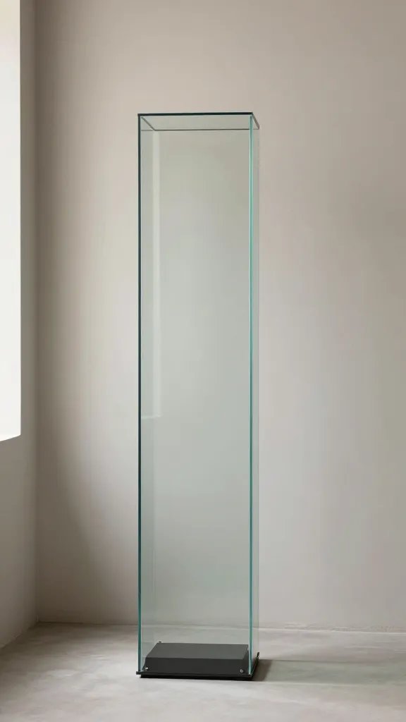 lone tall terrarium against neutral wall, soft window light