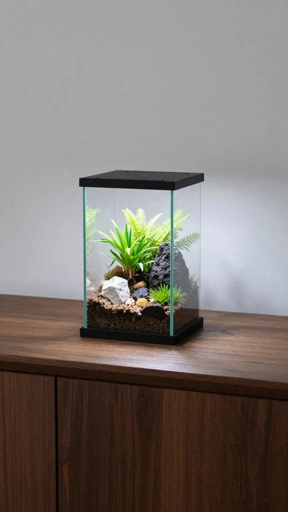 single small terrarium placed off-center on sideboard