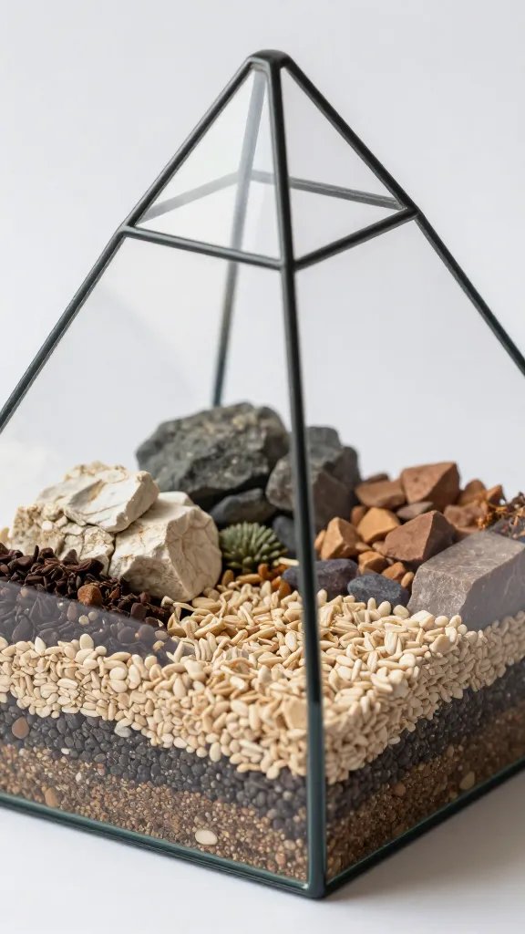 closeup of one geometric terrarium with varied substrate layers