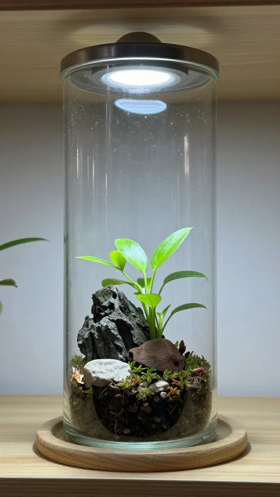 clear glass cylinder terrarium on 10-inch shelf, closeup
