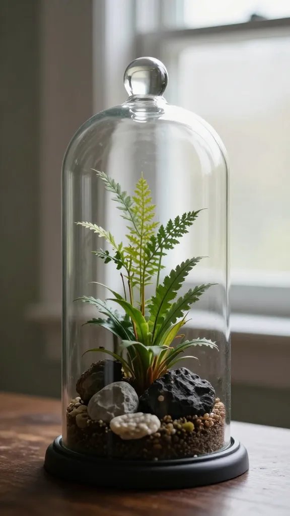 bell-jar terrarium at eye level, soft window light