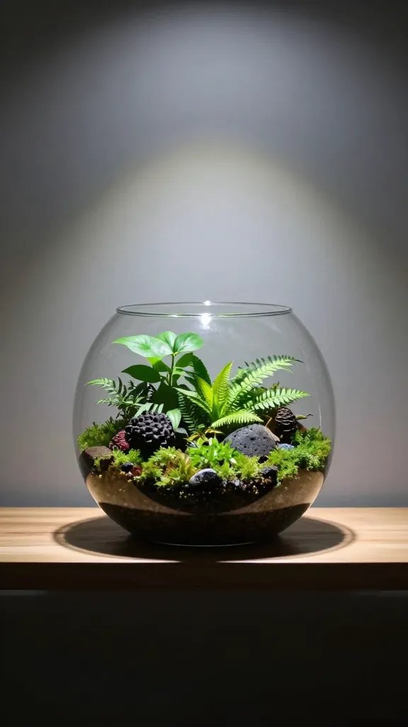 low wide bowl terrarium centered on narrow shelf