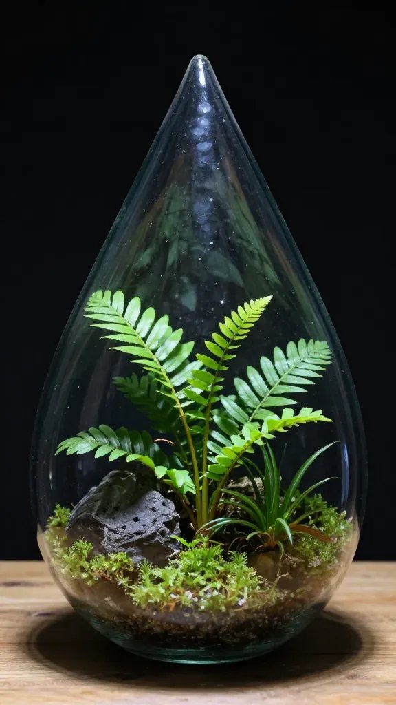 teardrop glass terrarium, foliage not touching glass
