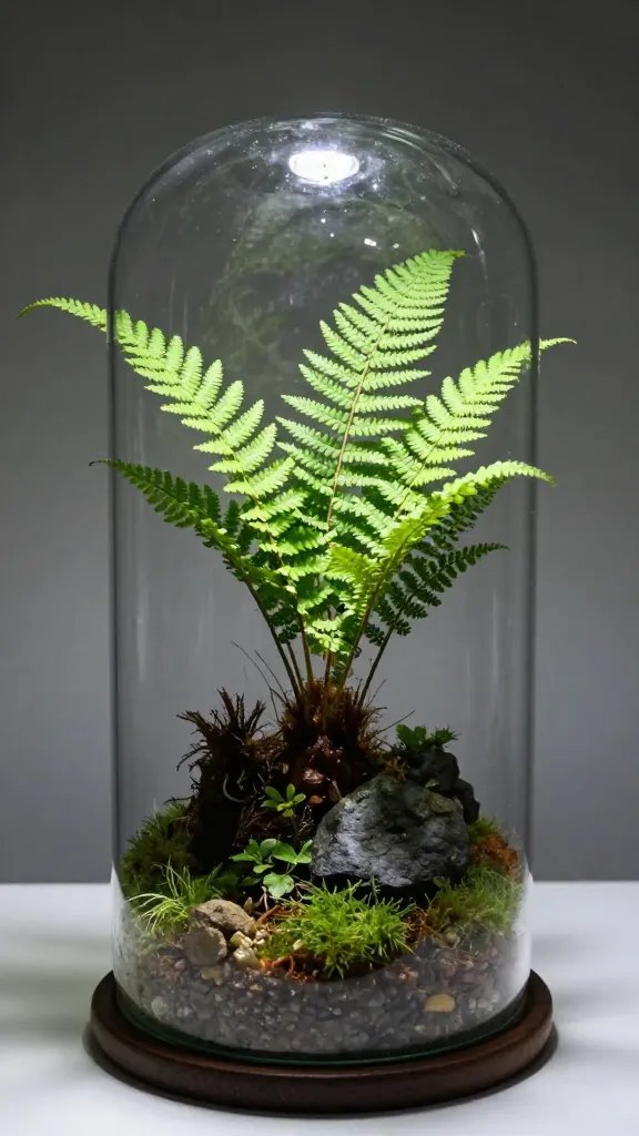 single fern terrarium avoiding direct sun highlight