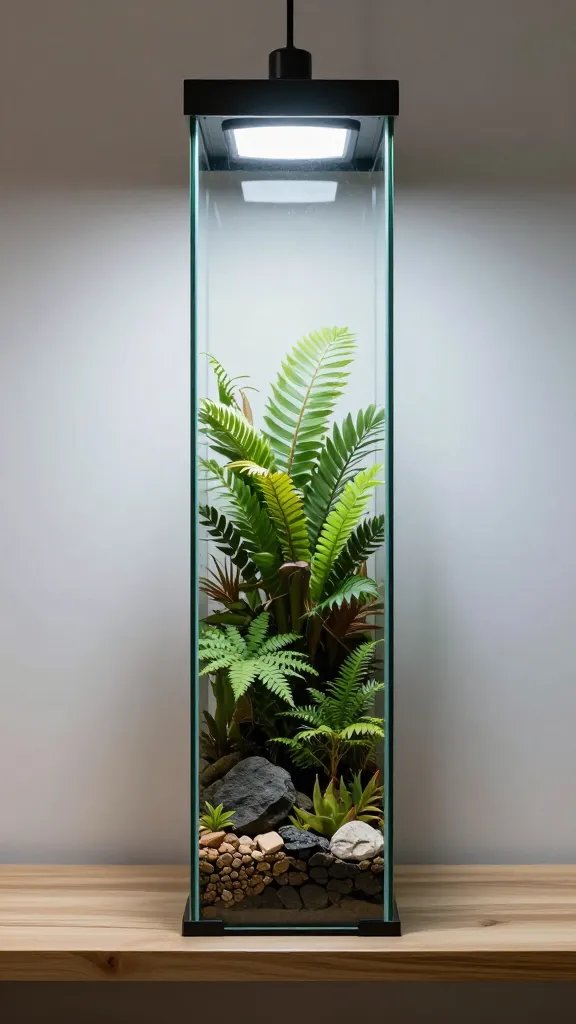 narrow column terrarium aligned to shelf front edge