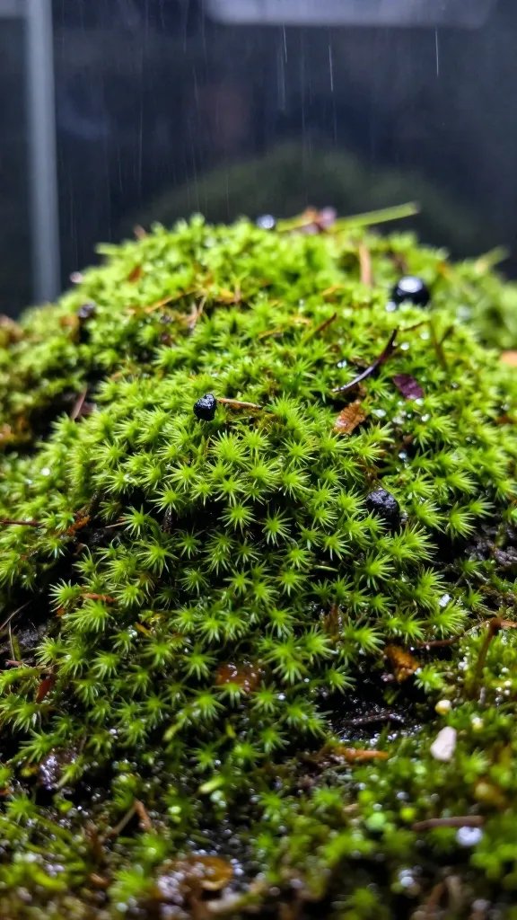 closeup of a mossy terrarium hill under soft rain light