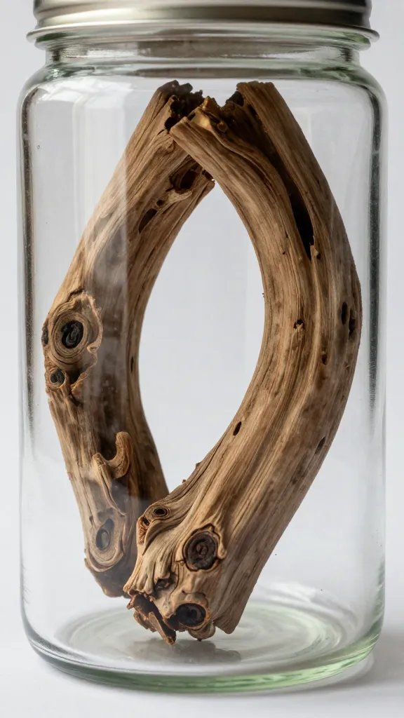 single driftwood arch in glass jar, low-angle macro