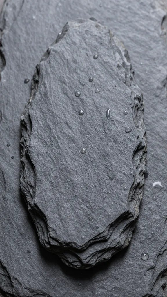 slate rock centerpiece in humid terrarium, dewy surface