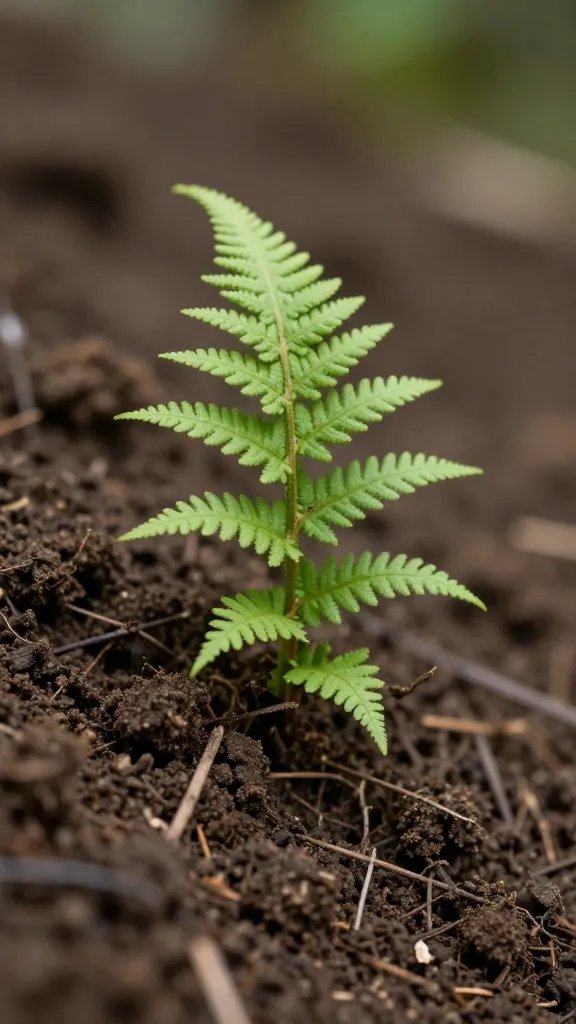 fern frond tip emerging from soil slope, macro