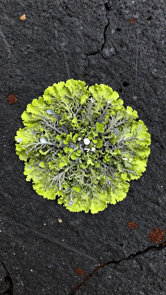 single bright lichen patch on dark lava rock