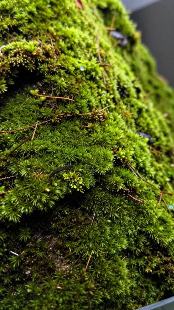 closeup of moss-covered terrarium hillside back corner