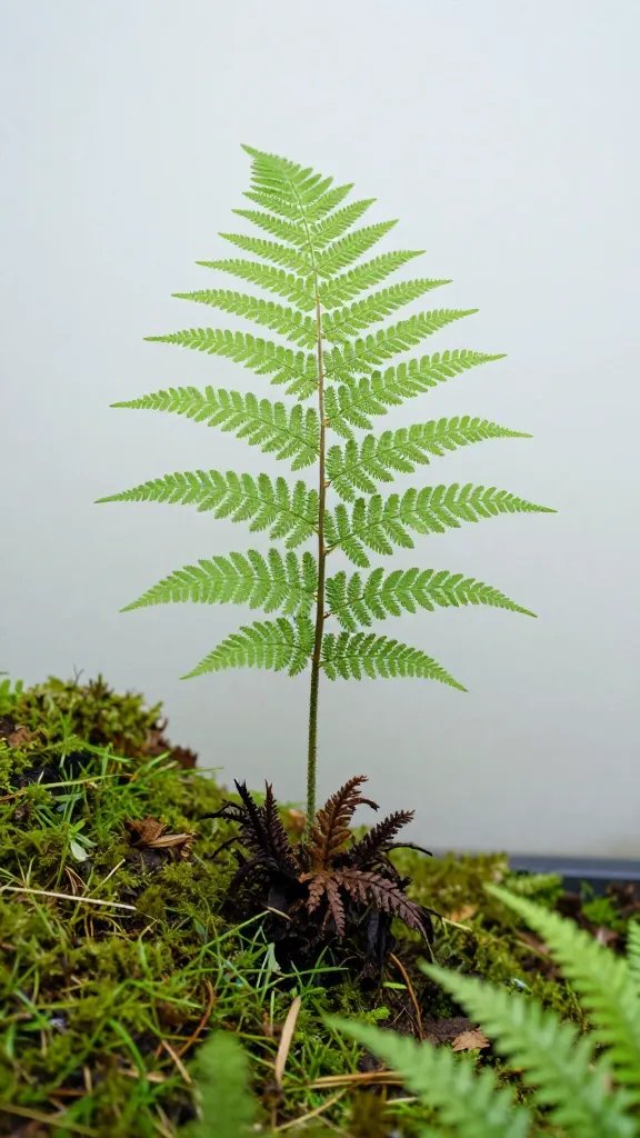 single feature fern rising above mid-slope terrarium