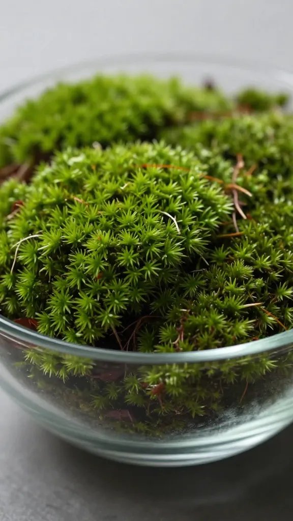 low foreground carpet moss in glass bowl closeup