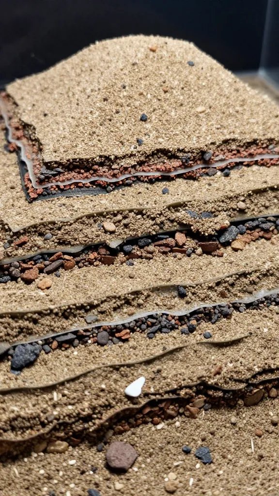 closeup of sloped substrate layers forming terrarium hill