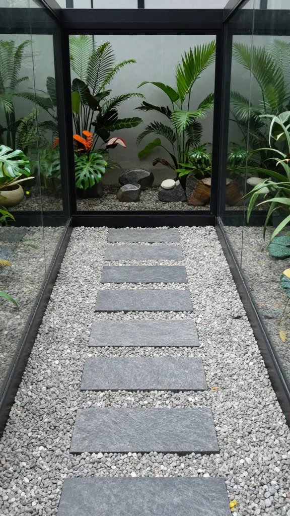 front-facing terrarium entrance path of exposed gravel