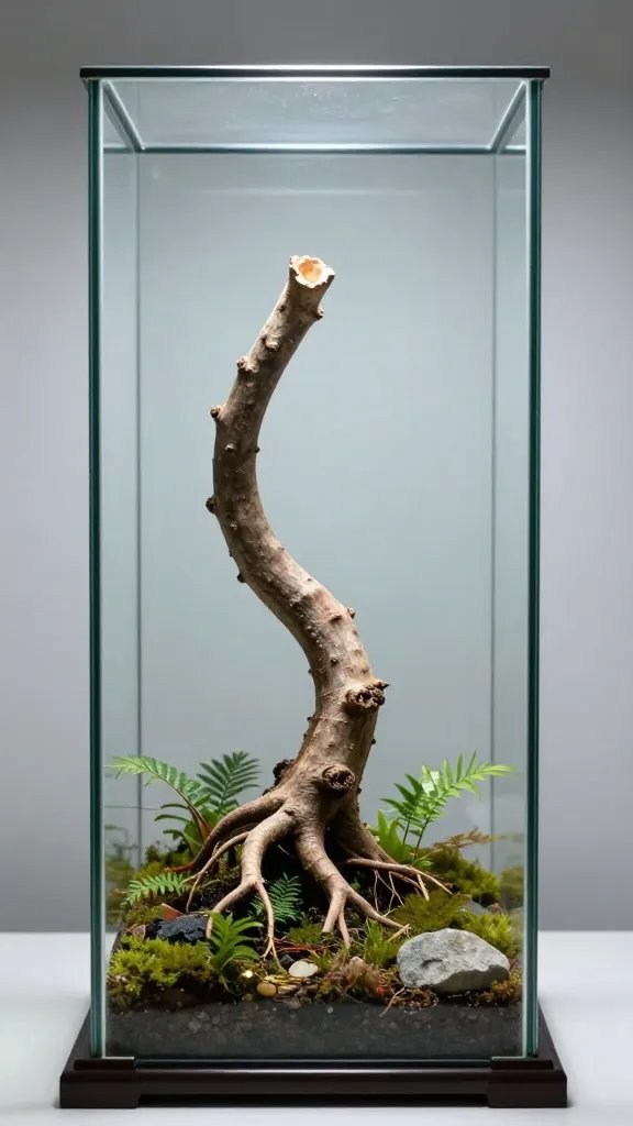 single curved root creating height in glass terrarium