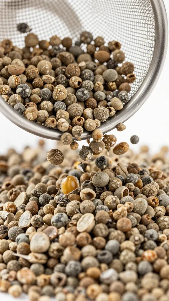 rinsed pea gravel draining in mesh strainer, macro