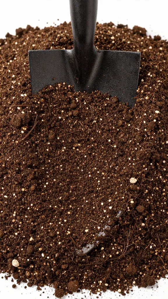 potting mix mound with perlite specks, trowel imprint closeup