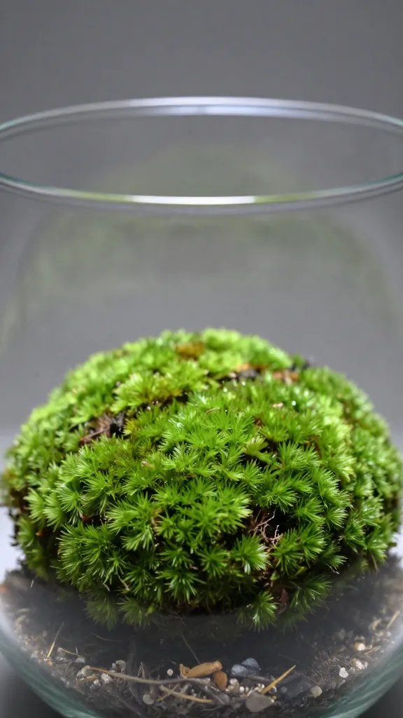 closeup kokedama moss ball in glass terrarium