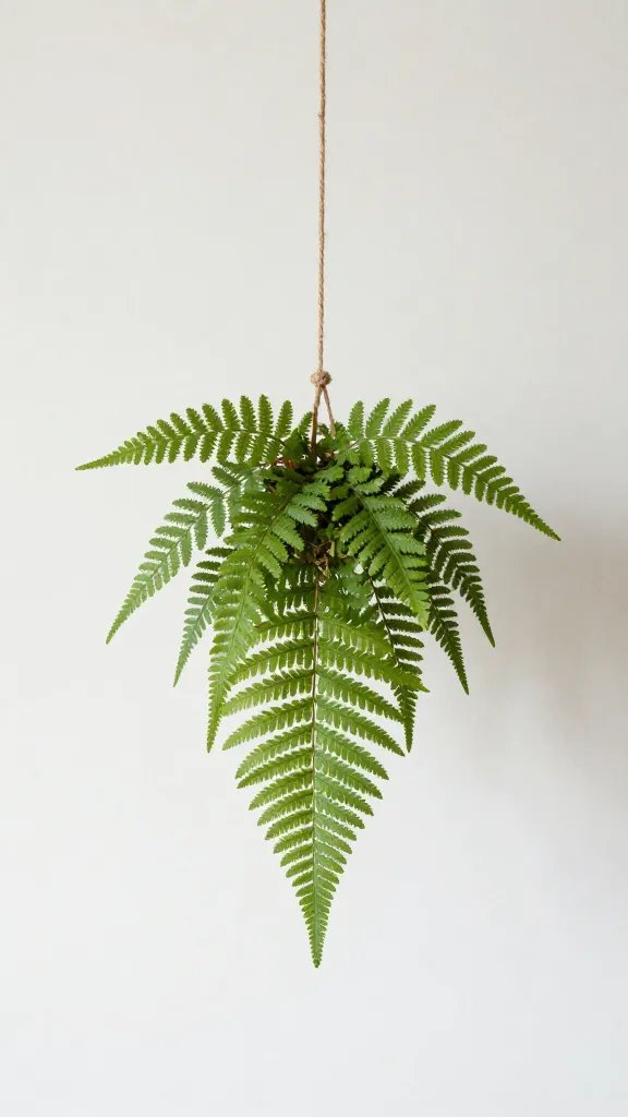 single fern kokedama suspended by twine