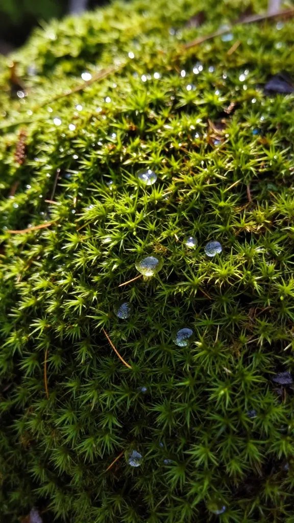 dewy moss surface on kokedama at dawn light