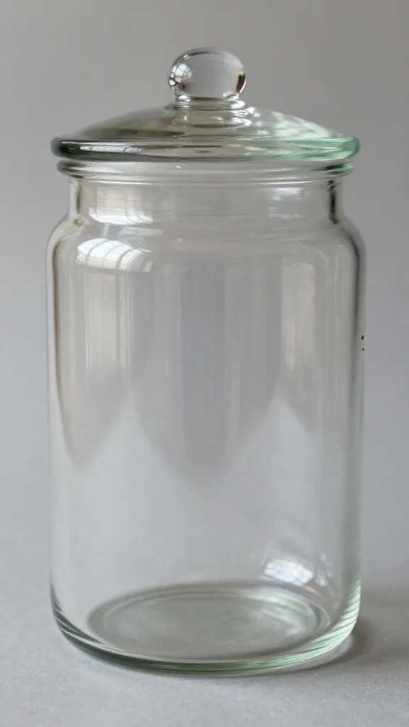 thrifted glass cookie jar, closeup, empty, on neutral backdrop