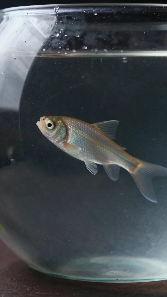clear fish bowl, single subject closeup, reflective glass detail