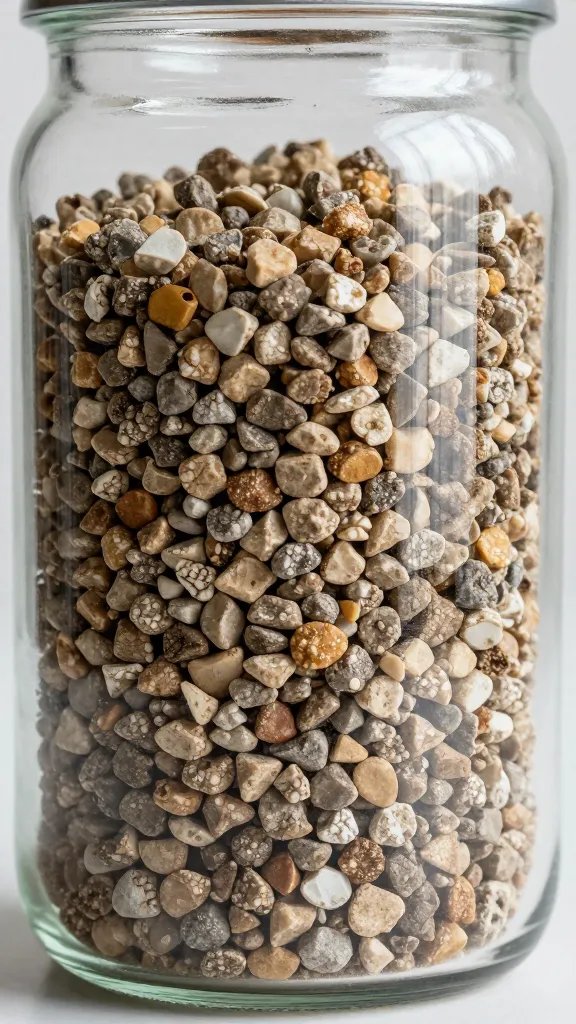 drainage layer of rinsed gravel in glass jar, closeup