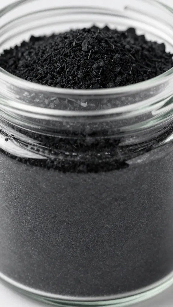 activated charcoal layer in clear jar, crisp macro shot