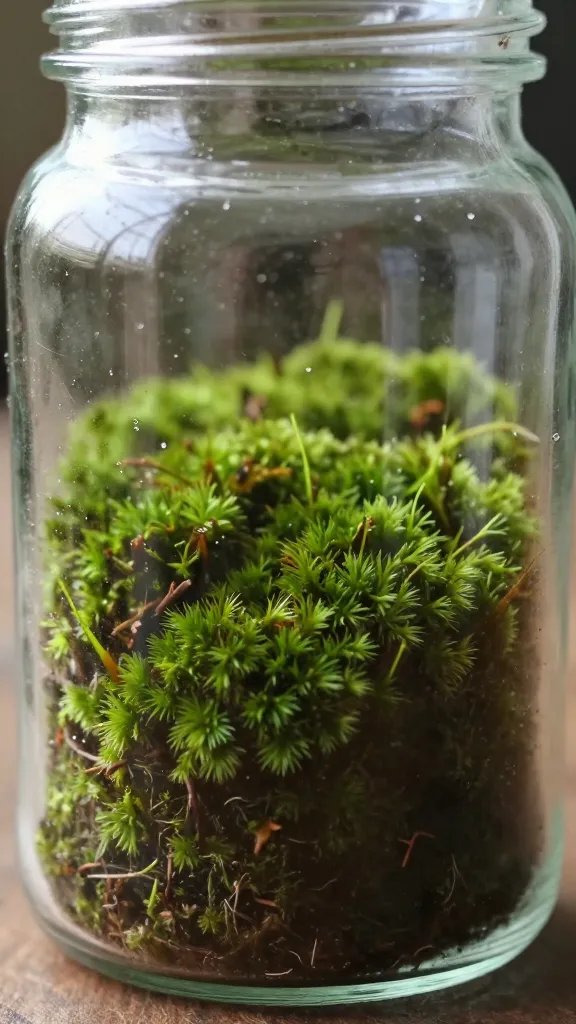 healthy moss patch in jar, no condensation, macro