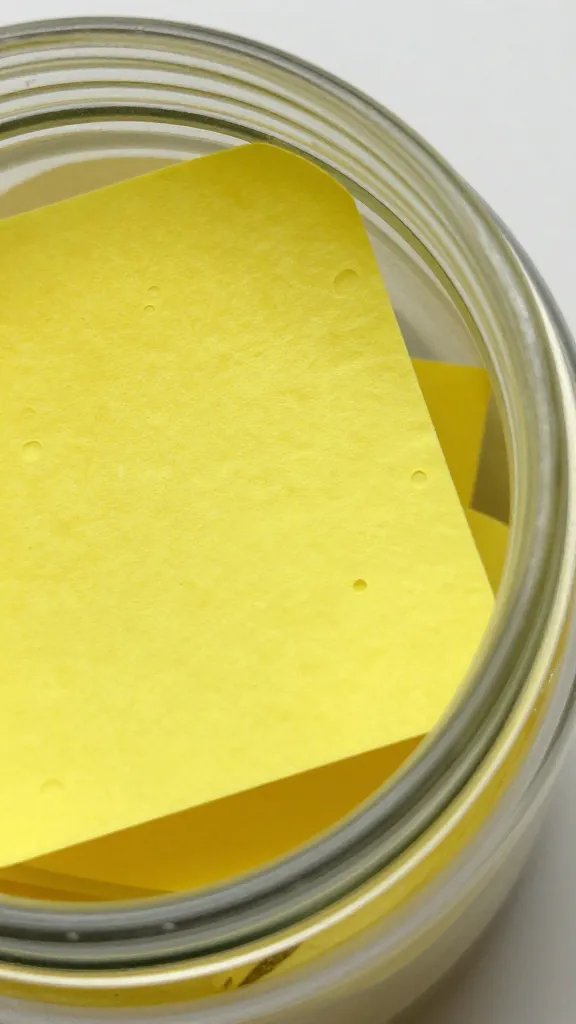 fungus gnat yellow sticky trap beside jar rim, closeup