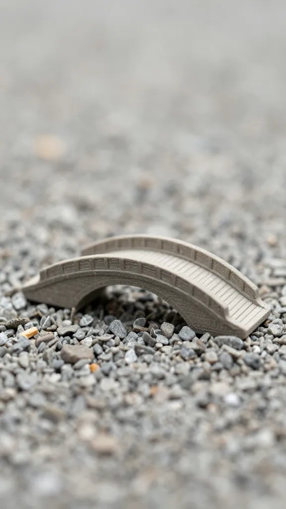 miniature arched bridge anchored in gravel, macro