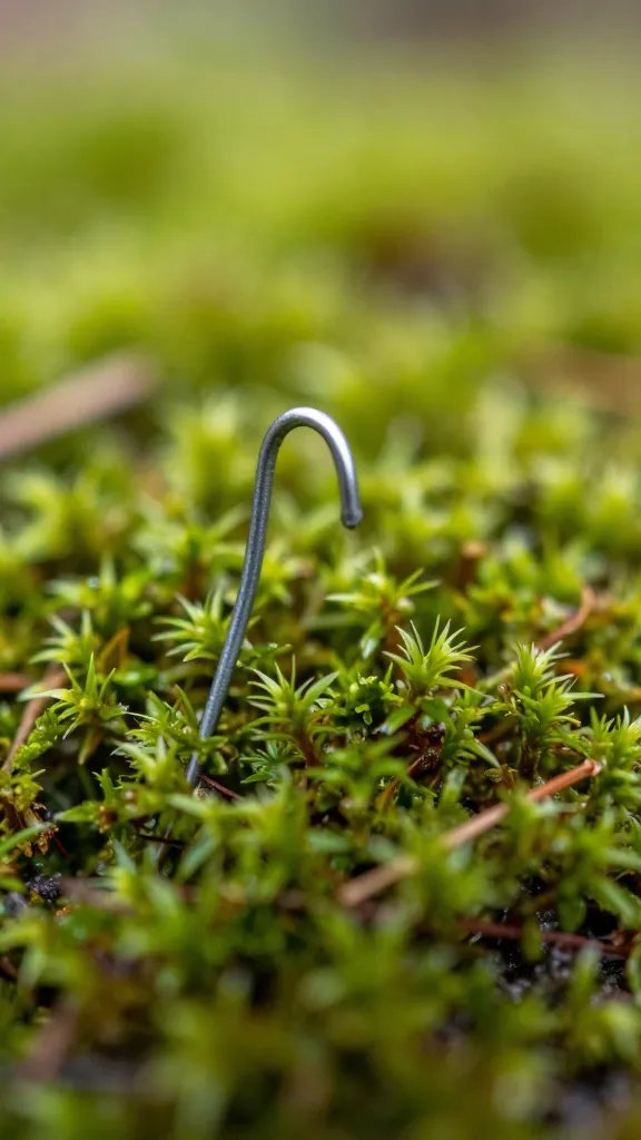 compact moss tuft pinned with U-shaped wire, macro