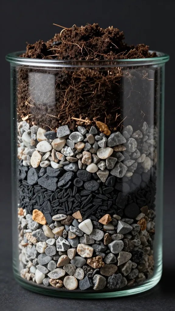 layered substrate cross-section in jar: gravel, charcoal, soil
