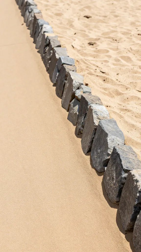 stabilized sand path edge with stone border, closeup