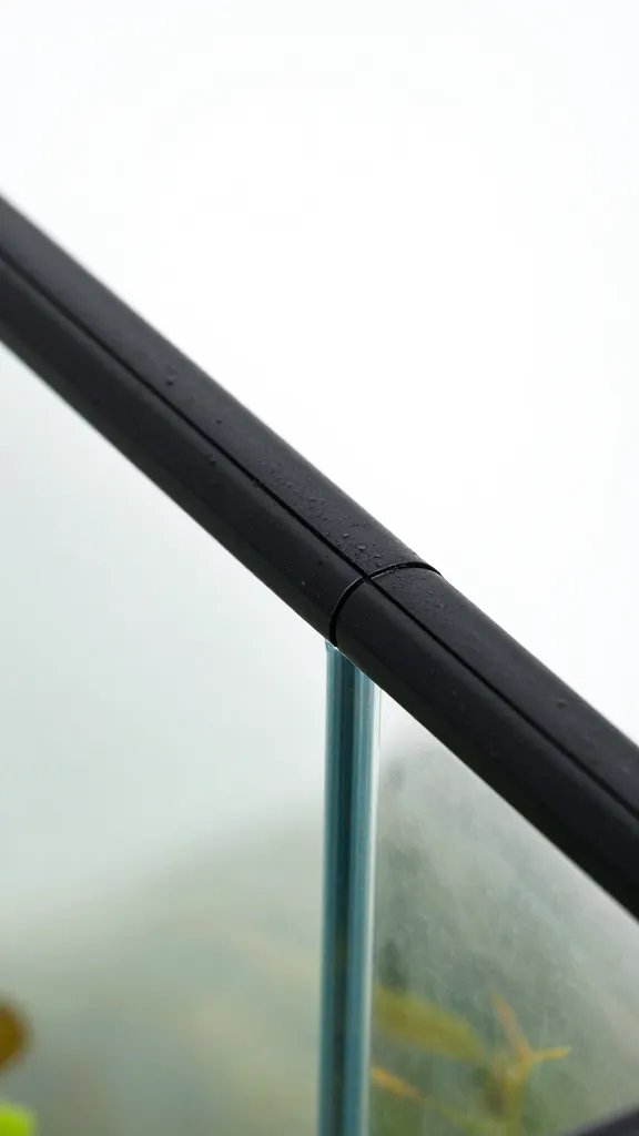 closeup of paludarium water line against black silicone seam