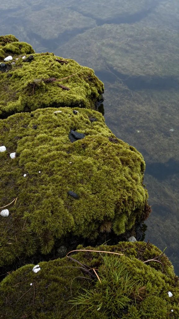 moss-covered land shelf edge above clear water line