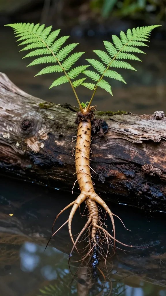 fern rhizome anchored to driftwood over water
