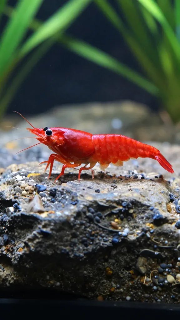 single red cherry shrimp on paludarium rock ledge