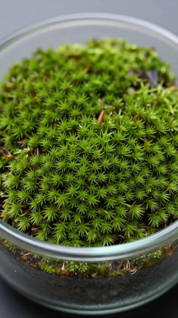 closeup of pincushion moss clump in glass jar