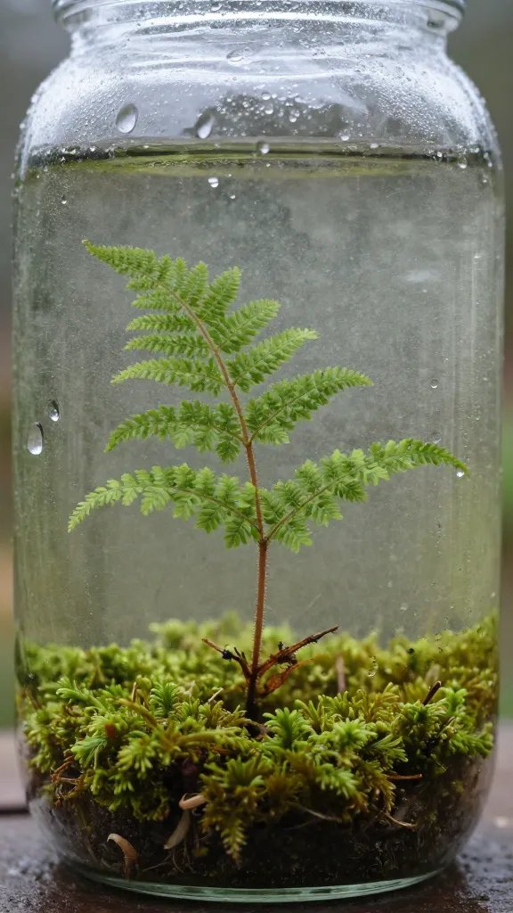 fern moss sprig under condensation on jar wall