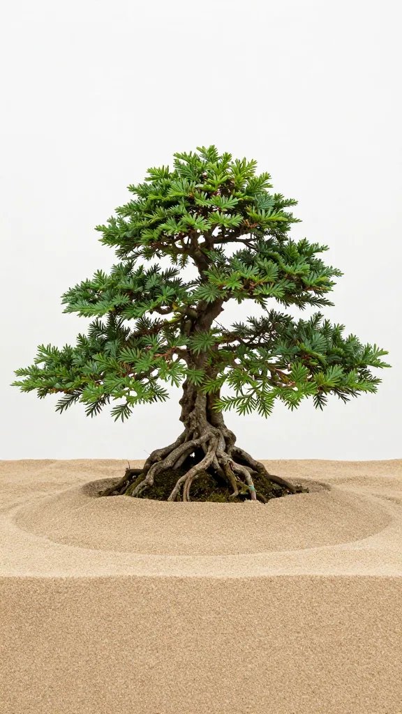 single bonsai juniper planted through sand layer