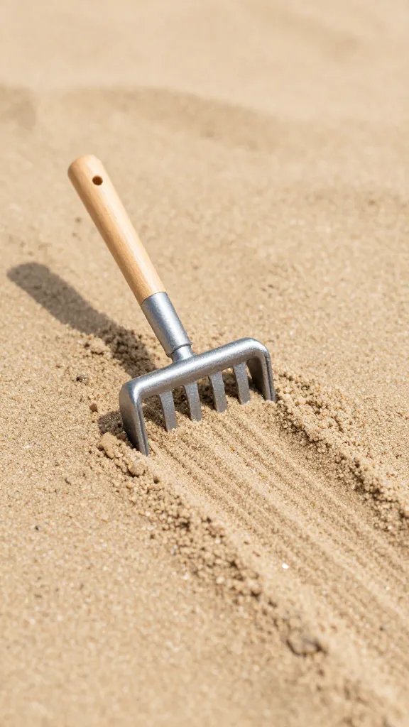 miniature rake making grooves in dry sand