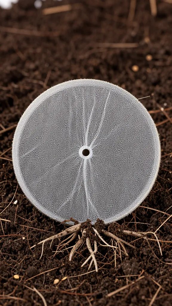 root barrier mesh disc on potting soil