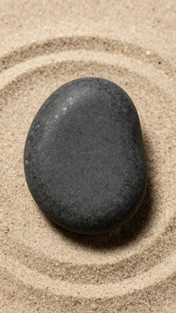 smooth black river stone on raked sand